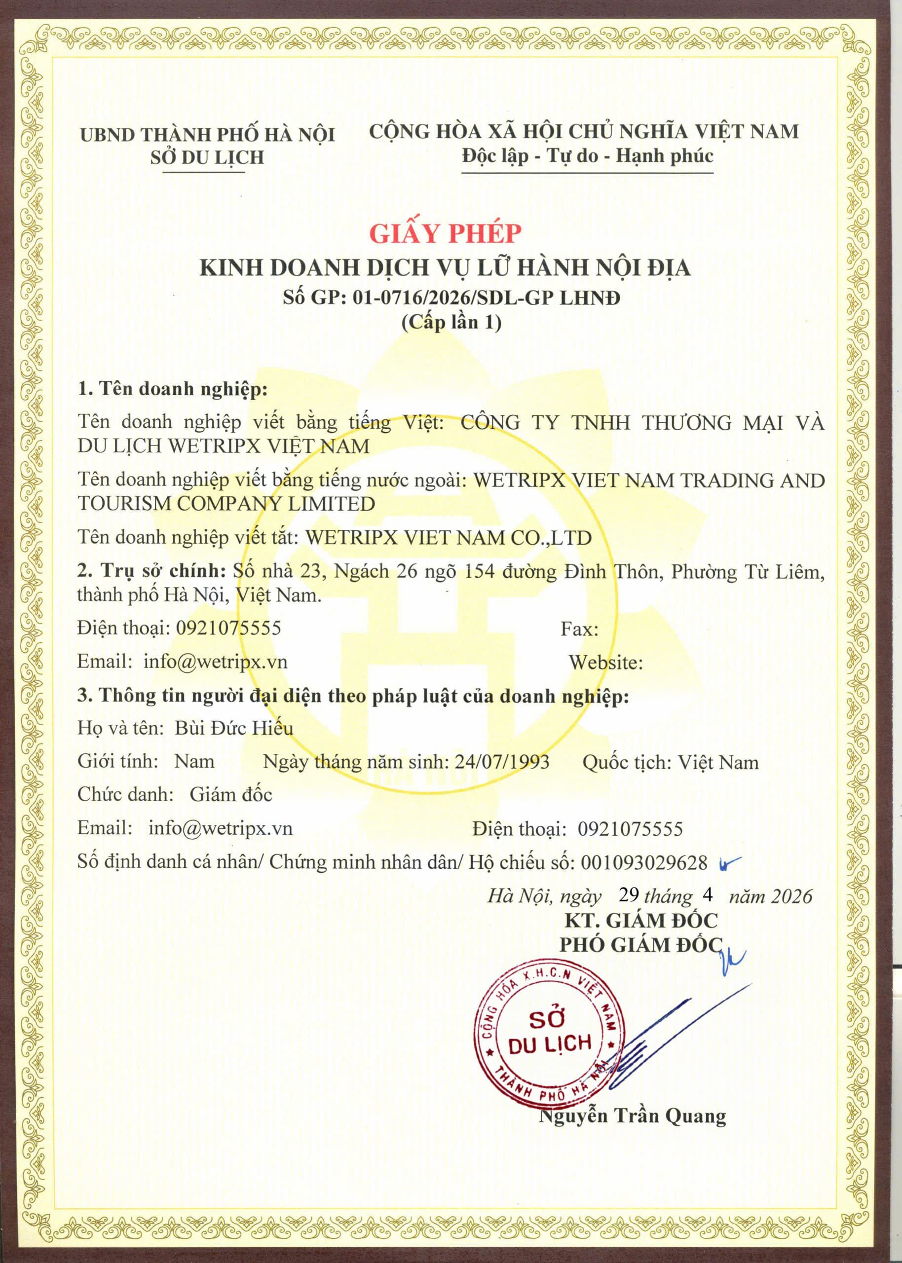 Giấy phép lữ hành nội địa Wetripx Travel