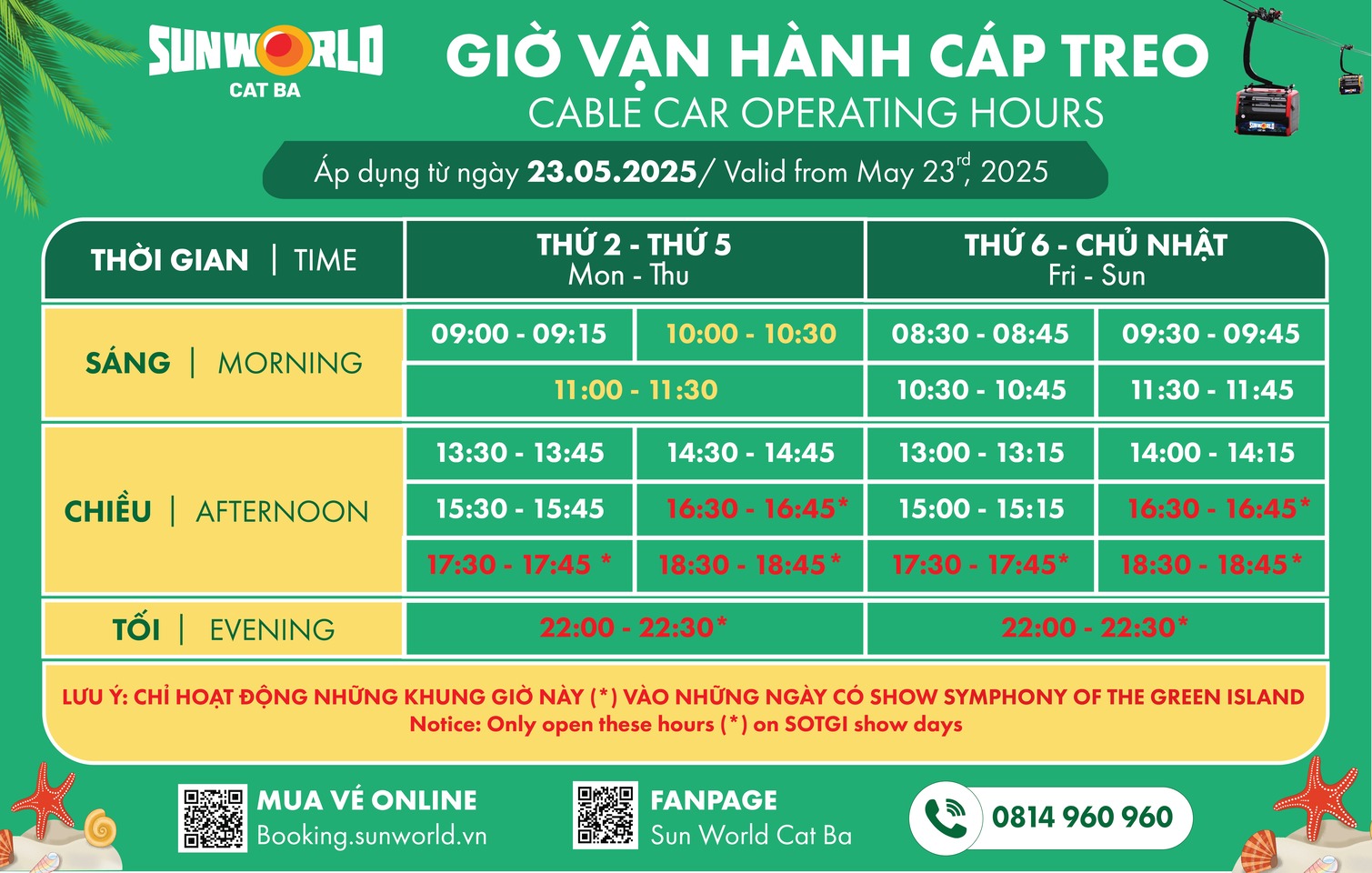 Lịch chạy cáp treo Sun World Cát Bà