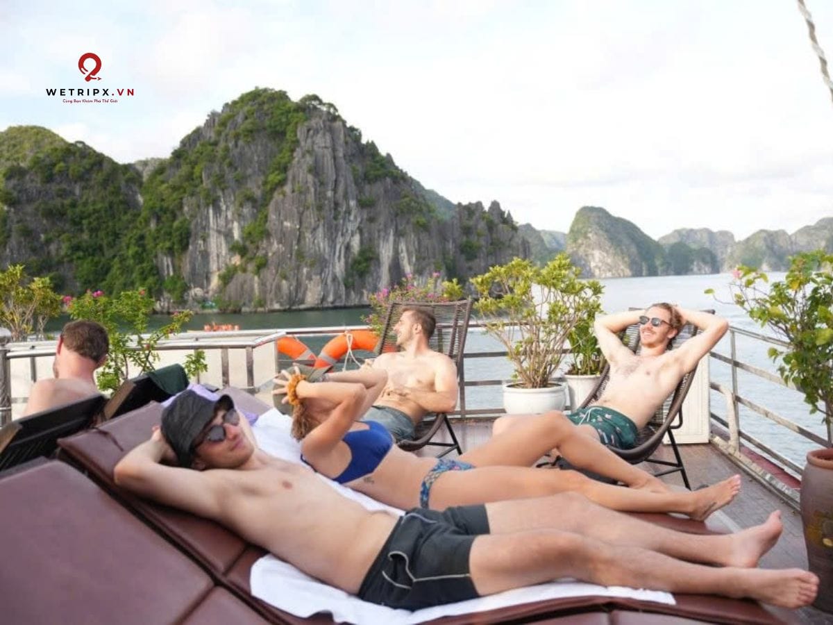 Sunbathing on the cruise sundeck.