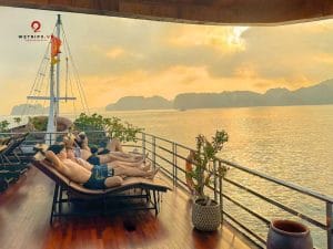 Relaxing on the cruise while watching the sunset over Lan Ha Bay.
